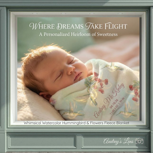 Couverture Polaire Whimsical Watercolor Hummingbird & Flowers  (Whimsical Watercolor Hummingbird & Flowers Fleece Blanket)