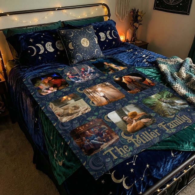 Couverture Polaire Whimsigoth Celestial | 9 Photo Family Collage (Whimsigoth family photo collage. Dark cottagecore celestial moon & owl Moth Woodland keepsake gift)