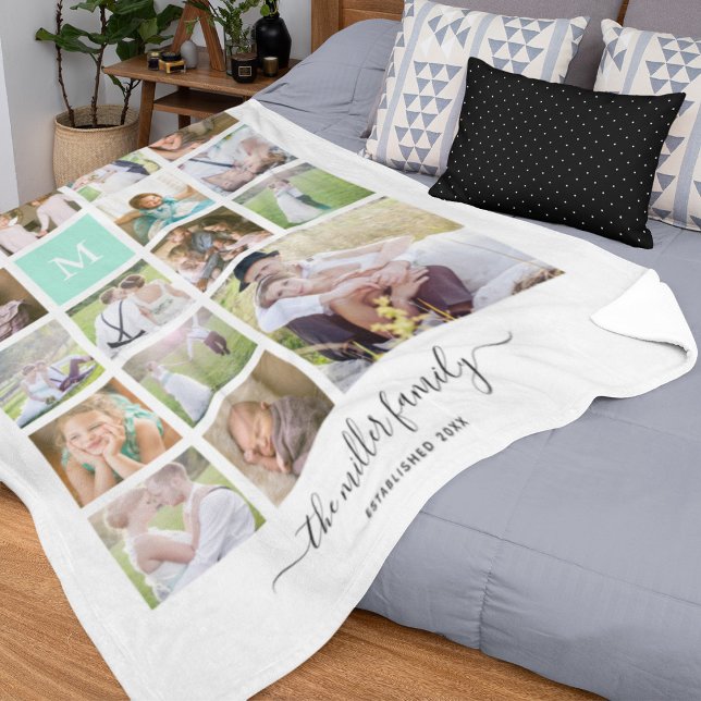 Couverture Polaire White 16 Photo Collage Monogramme Nom Calligraphie (Créateur téléchargé)