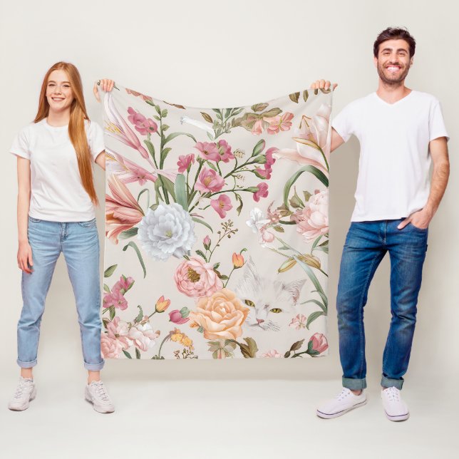 Couverture Polaire White Cats Pink Roses Floral (En situation)