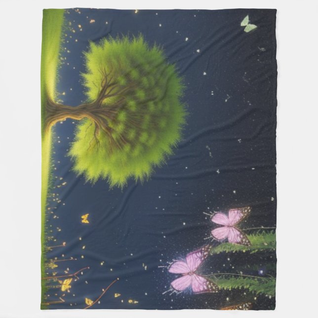 Couverture Polaire Willow Tree de nuit avec papillons et lucioles (Devant)