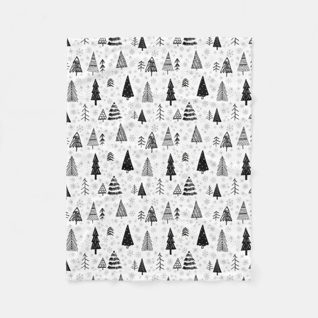 Couverture Polaire Xmas Arbres et Snowflakes Motif noir et blanc (Devant)