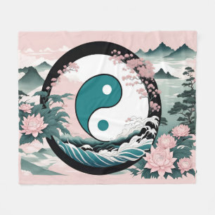 Couverture Polaire Yin Yang, Floral Montagne Rose Sage Turquoise
