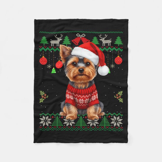 Couverture Polaire Yorkie Dog Christmas Wearing Ugly Christmas Sweate (Devant)