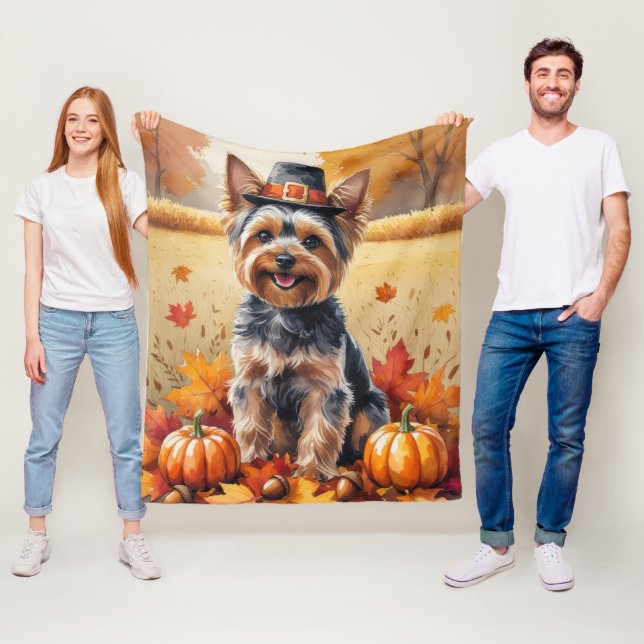 Couverture Polaire Yorkshire Terrier Automne quitte Thanksgiving Art (En situation)