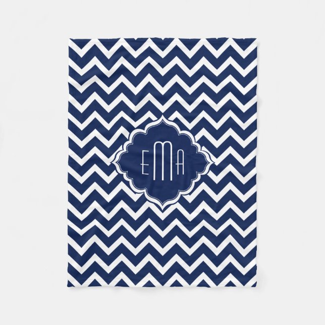 Couverture Polaire Zigzag géométrique bleu et blanc monogramme Chevro (Devant)