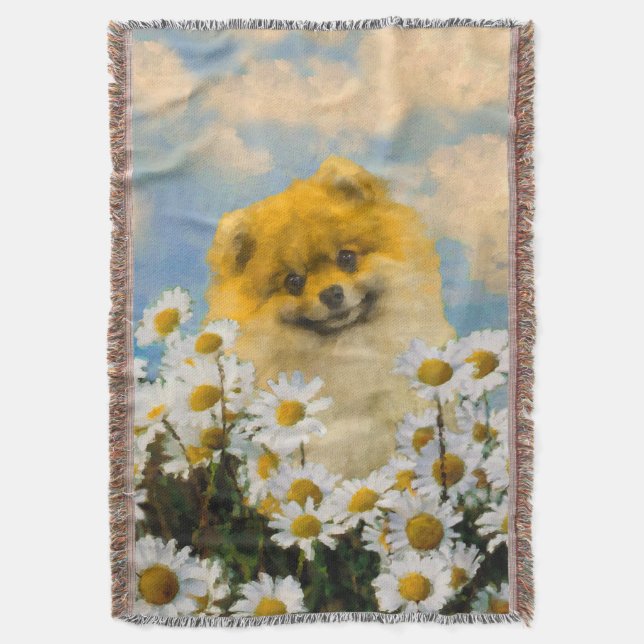Couverture Poméranien dans Daisies Peinture - Art Chien origi (devant Vertical)