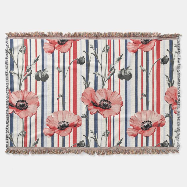 Couverture Poppies rouges avec Feuilles bleus et Motif rayé (Devant)