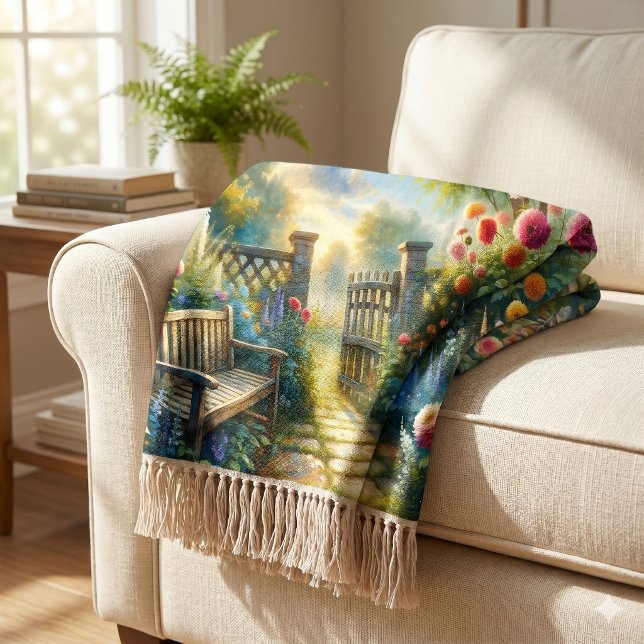 Couverture Porte de jardin ensoleillé sur un chemin (Sunlit Garden Pathway Gate Scene Throw Blanket)