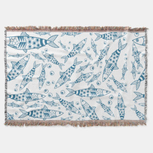 Couverture Portugais Lisbonne Sardines Motif Azulejos Blanc