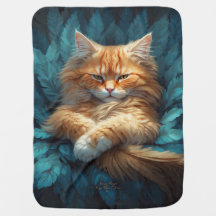 Chaton Tabby Orange en Lit de Plumes Bleues