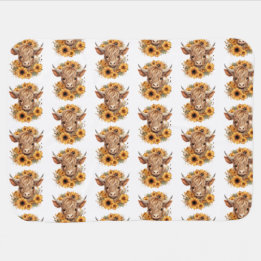 Couverture Pour Bébé Motif de vache Highland Tournesols blanc initial