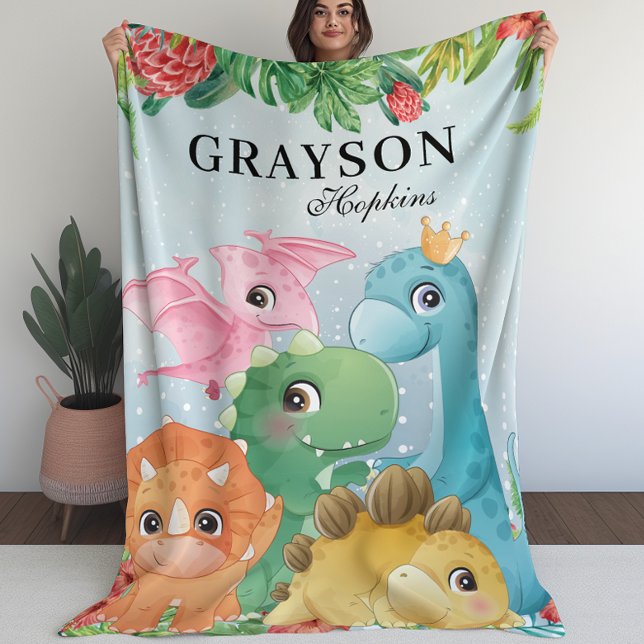 Couverture pour enfants avec dinosaures + Feuilles (Kid’s Blanket With Dinosaurs + Tropical Leaves (L))