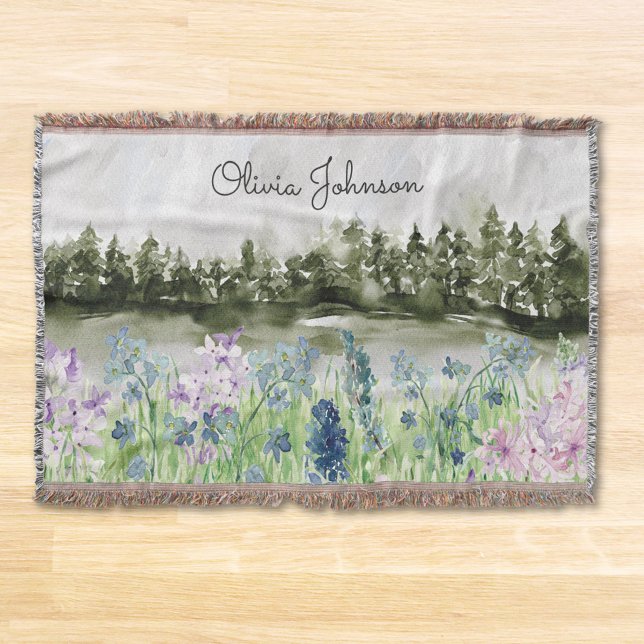Couverture Prairie de fleurs bleues violettes à l'aquarelle s (In situ on wood floor)