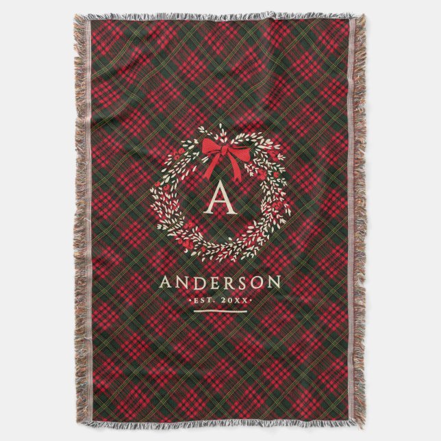 Couverture Preppy Tartan Holiday Wreath Monogramme & Nom (devant Vertical)