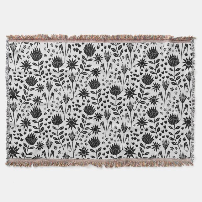 Couverture Protea Floral Block Imprimer Millefleur noir blanc (Devant)
