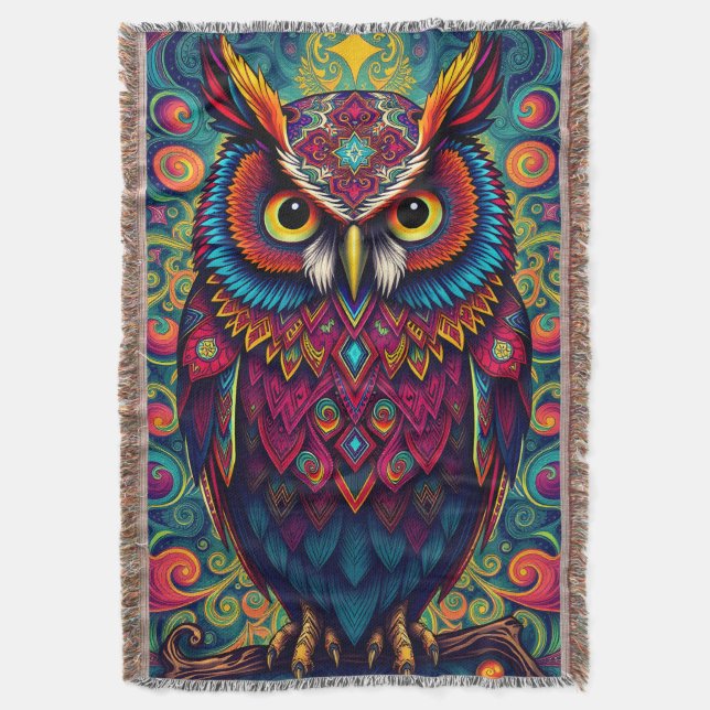 Couverture 🌈 Psychedelic Owl Comfort – Boho Animal Throw Art (devant Vertical)