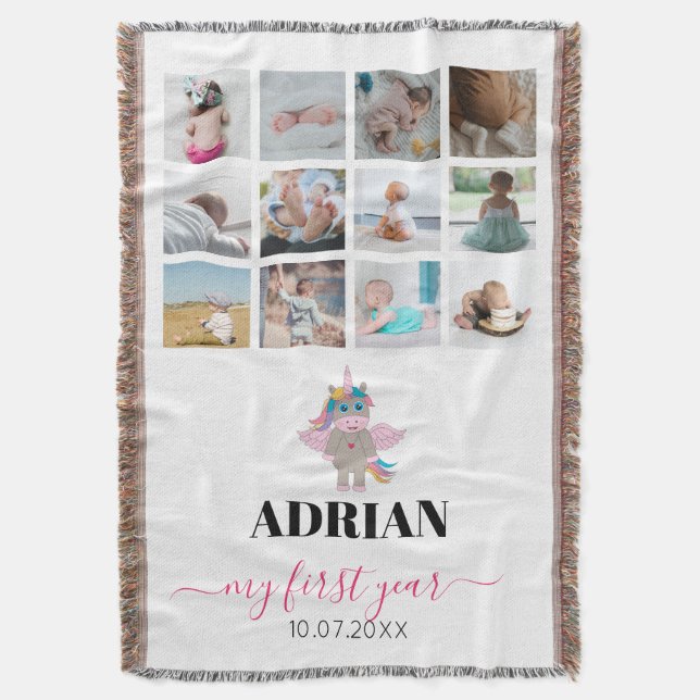 Couverture Rainbow Unicorn Baby Girl First Year Photo Collage (devant Vertical)