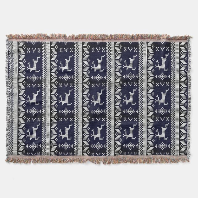 Couverture Reindeer Motif alpin blanc et marine - Monogramme (Devant)