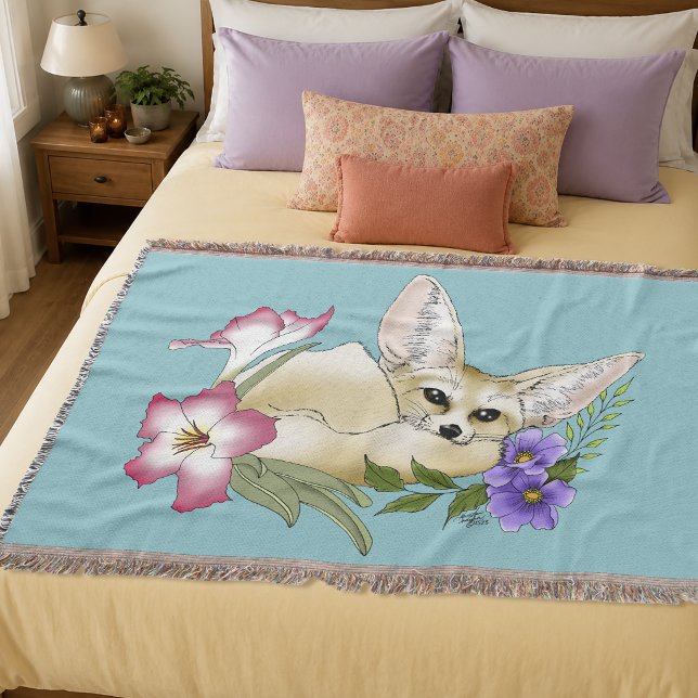 Couverture Renard Fennec Fleurs Rose Violet Mignon Bleu Botan (Créateur téléchargé)