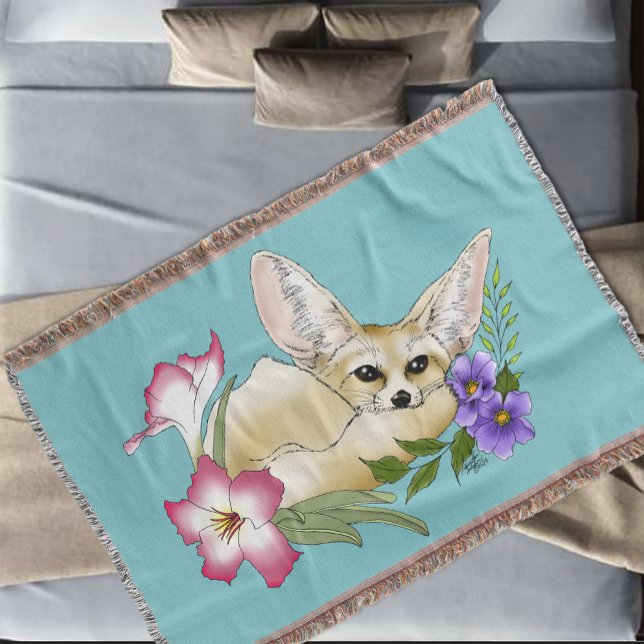 Couverture Renard Fennec Fleurs Rose Violet Mignon Bleu Botan (Créateur téléchargé)