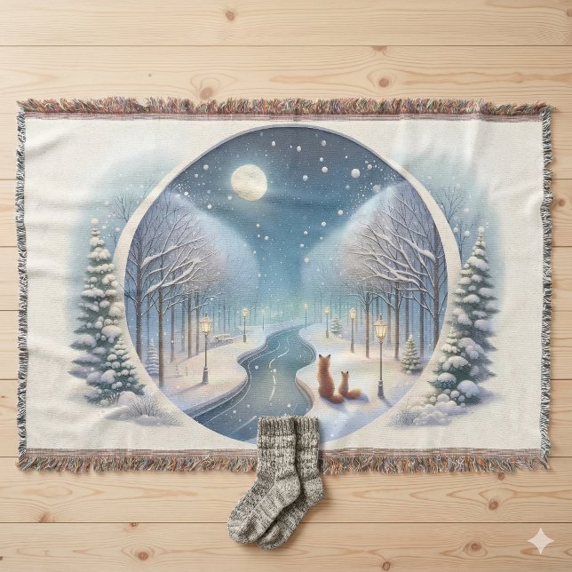 Couverture Renards d'hiver au clair de lune par la rivière en (Winter Foxes by Moonlit Snowy River Throw Blanket )