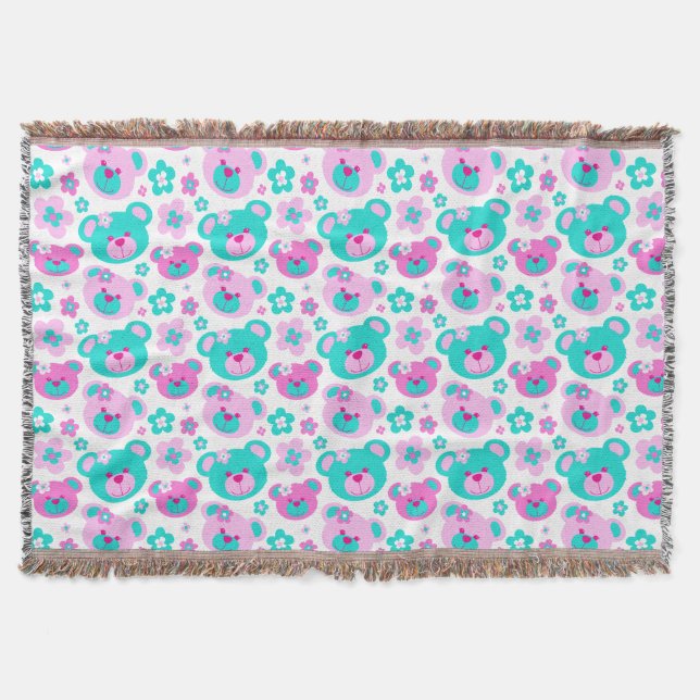 Couverture Répétez motif en peluche fleur rose aqua jetée (Devant)
