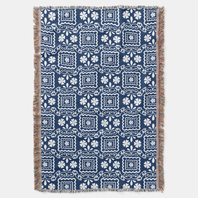 Couverture rétro 60 blanc bleu motif floral (devant Vertical)