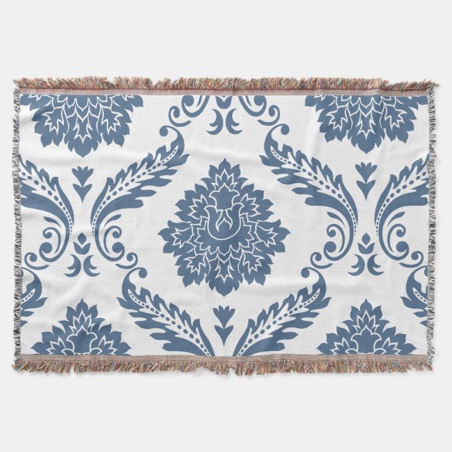 Couverture Rococo Damask Grand Motif Bleu sur Blanc (Devant)