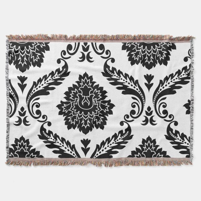 Couverture Rococo Damassé Grand Motif Décalé Noir sur Blanc (Devant)
