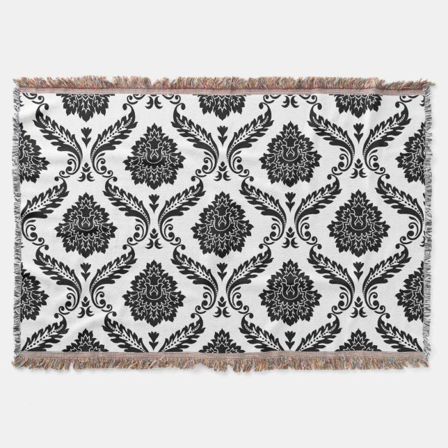 Couverture Rococo Damassé Grand Motif Noir sur Blanc (Devant)