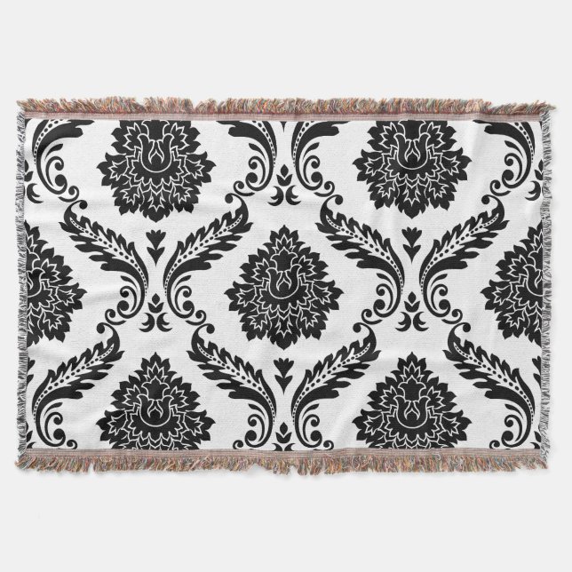 Couverture Rococo Damassé Grand Motif Noir sur Blanc (Devant)