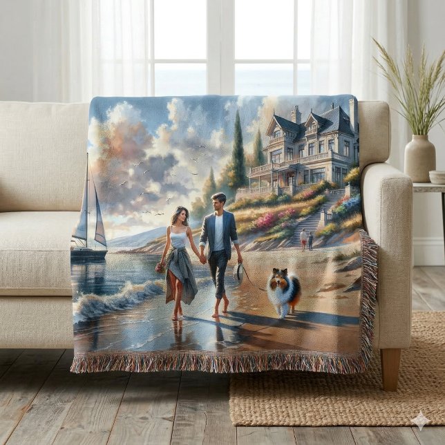 Couverture Romantic Coastal Cottage Sunset Stroll (Romantic Coastal Cottage Sunset Stroll Throw Blanket Draped Over Sofa)