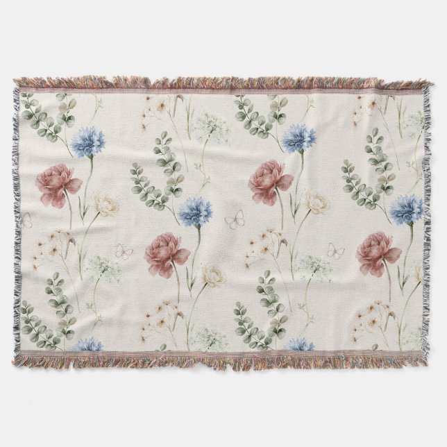 Couverture Rose Bourgogne Fleurs Blanches Bleues Papillon (Devant)