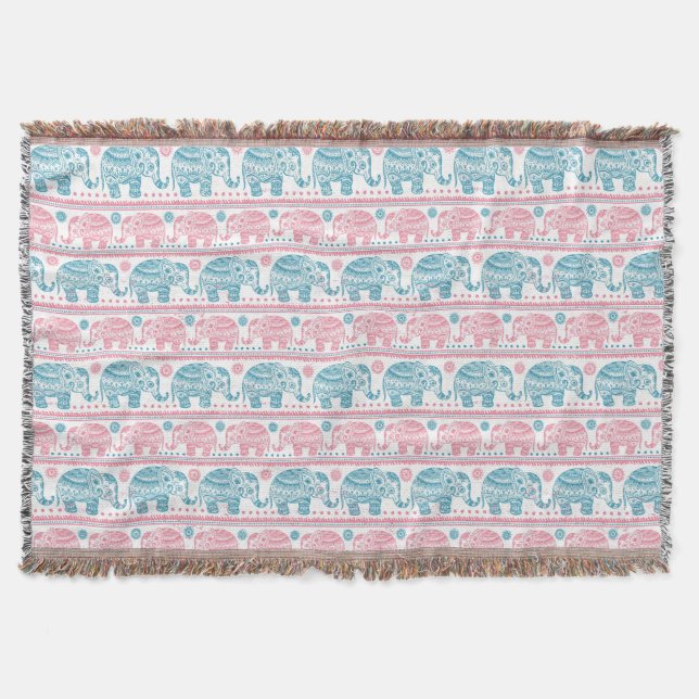 Couverture Rose et motif ethnique turquoise d'éléphant (Devant)