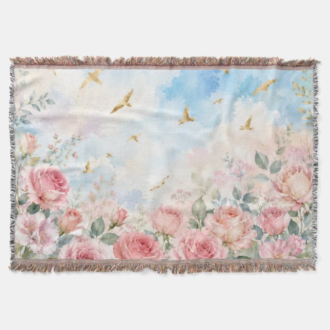 Couverture Roses aquarelles rêveuses et oiseaux dorés Fleurs  (Devant)