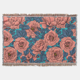 Couverture Roses roses avec feuilles bleus sur bleu
