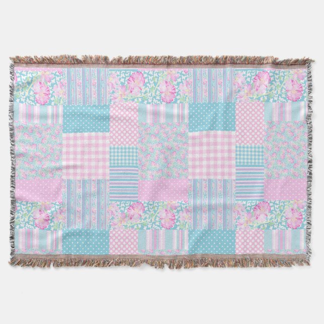Couverture Roses roses chics sur Sky Blue Faux Patchwork (Devant)