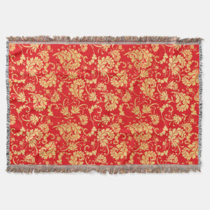 Couverture Rouge et motif vintage de damassé de feuille d'or