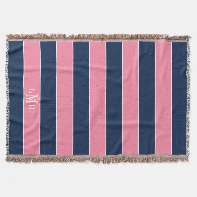 Couverture Rugby rose et bleu rayures 3 lettres monogramme (Devant)