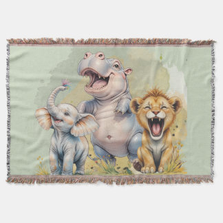 Couverture Safari Animaux Lion Hippo Elephant