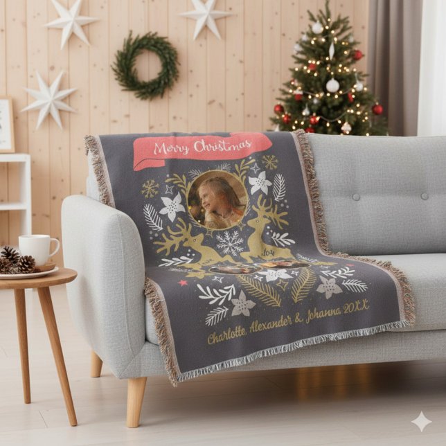Couverture Scandinavian Reindeer 3 Photo Family Keepsake (Scandinavian Reindeer 3 Photo Holiday Throw Blanket © Susanne Sachers - Sunny Mind Design. 🌞)