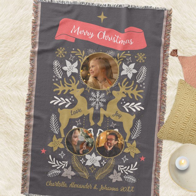 Couverture Scandinavian Reindeer 3 Photo Family Keepsake (Scandinavian Reindeer 3 Photo Holiday Throw Blanket © Susanne Sachers - Sunny Mind Design. 🌞)