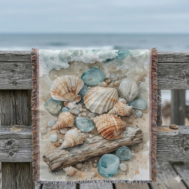 Couverture Scène aquarelle de coquillages des mers côtières e (Coastal Seashell Watercolor Driftwood Scene Throw Blanket On Balcony Rail)