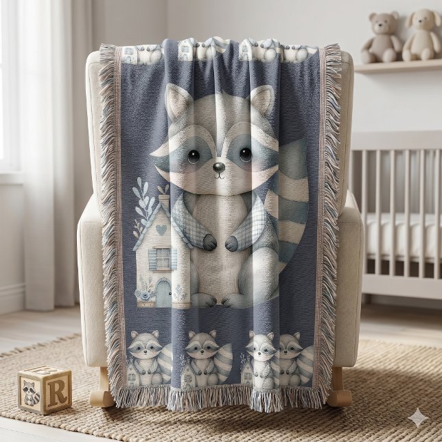 Couverture Scène de cabane en bois nocturne avec un raton lav (Whimsical Raccoon Night Woodland Cottage Scene Throw Blanket)