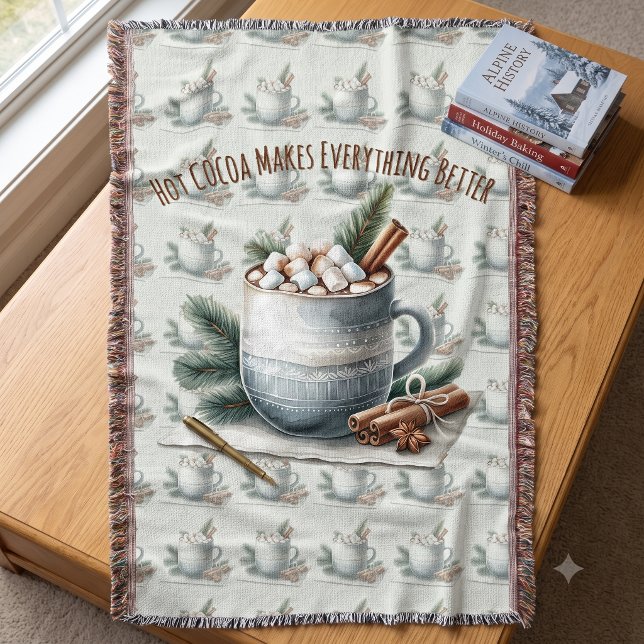 Couverture Scène de marshmallow au cacao cosy d'hiver (Cozy Winter Cocoa Marshmallow Scene Throw Blanket)