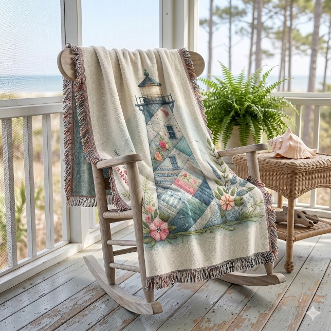 Couverture Scène florale côtière du phare patchwork (Patchwork Lighthouse Coastal Floral Scene Throw Blanket)