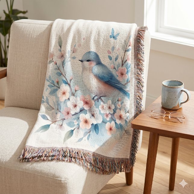 Couverture Sérénité aquarelle Fleur de Merlan bleu (Bluebird Blossom Watercolor Serenity Throw Blanket)