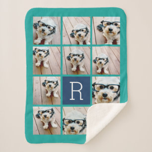 Couverture Sherpa 11 Collage photo et grand Monogramme bleu turquois