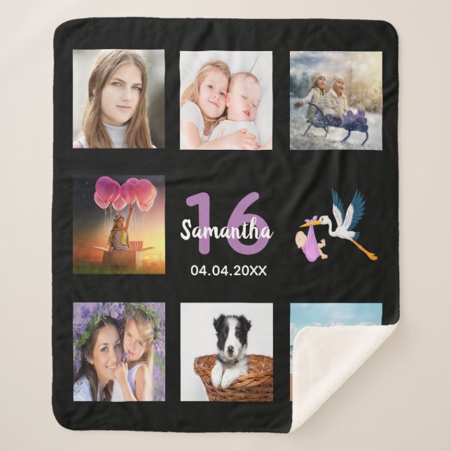 Couverture Sherpa 16e anniversaire 16 photo collage fille noir (Devant)
